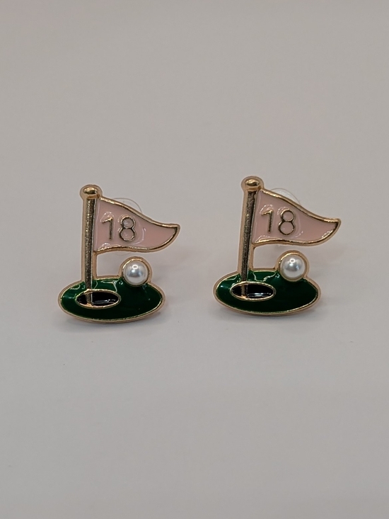 Jewelry - Golf 18 Flag Stud Earrings in Pink and Green Pearl Golf Ball
